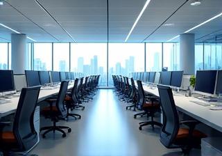 Modern, clean office space with desks and chairs.