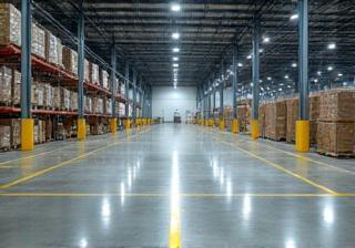 Large, clean industrial warehouse floor.